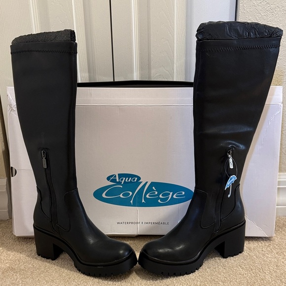 AQUA COLLEGE WOMENS RIA LUG SOLE FAUX LEATHER KNEE-HIGH BOOTS SHOES - Picture 1 of 7